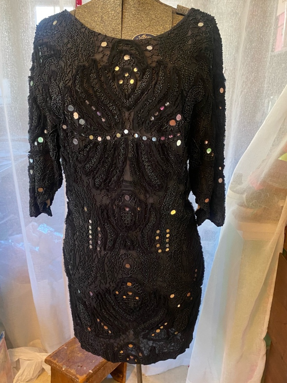 French Connection Vintage Inspired Beaded Lace Sheer Black Cocktail Dress Sz 10